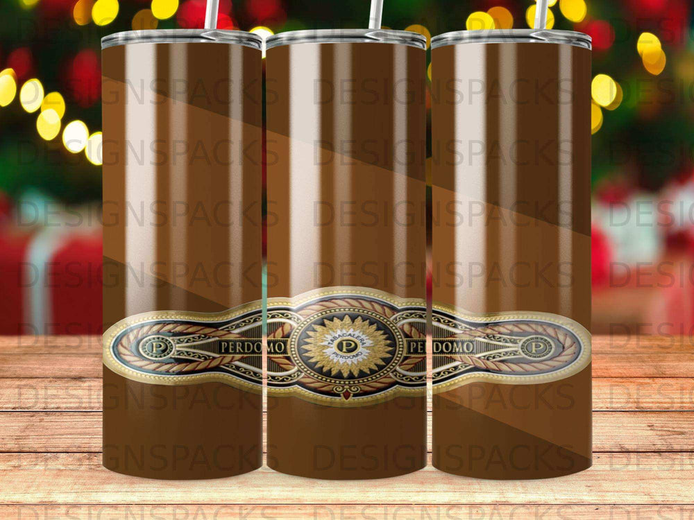 Three Perdomo cigar-themed tumblers with bokeh background.