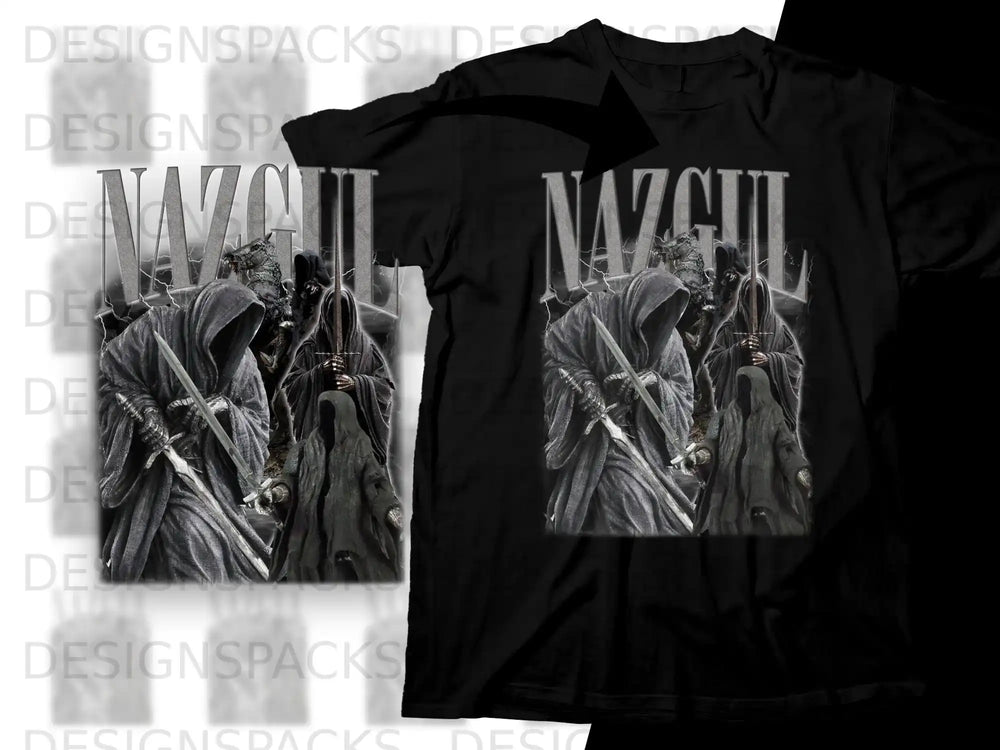 Nazgûl t-shirt design featuring the Ringwraiths with swords.