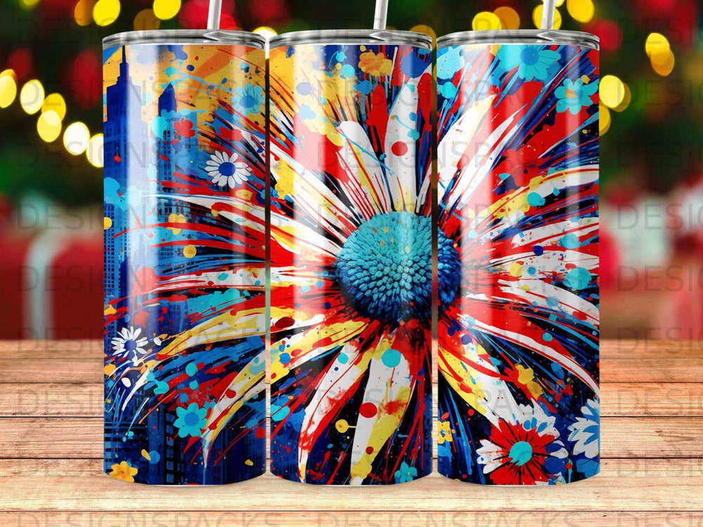 Watercolor flower design with blue, red, and yellow abstract background.