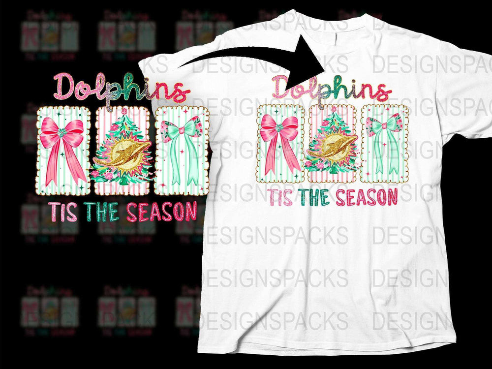 Dolphin Graphic T-Shirt, Pink Bow, Tropical Christmas Theme, Holiday Apparel