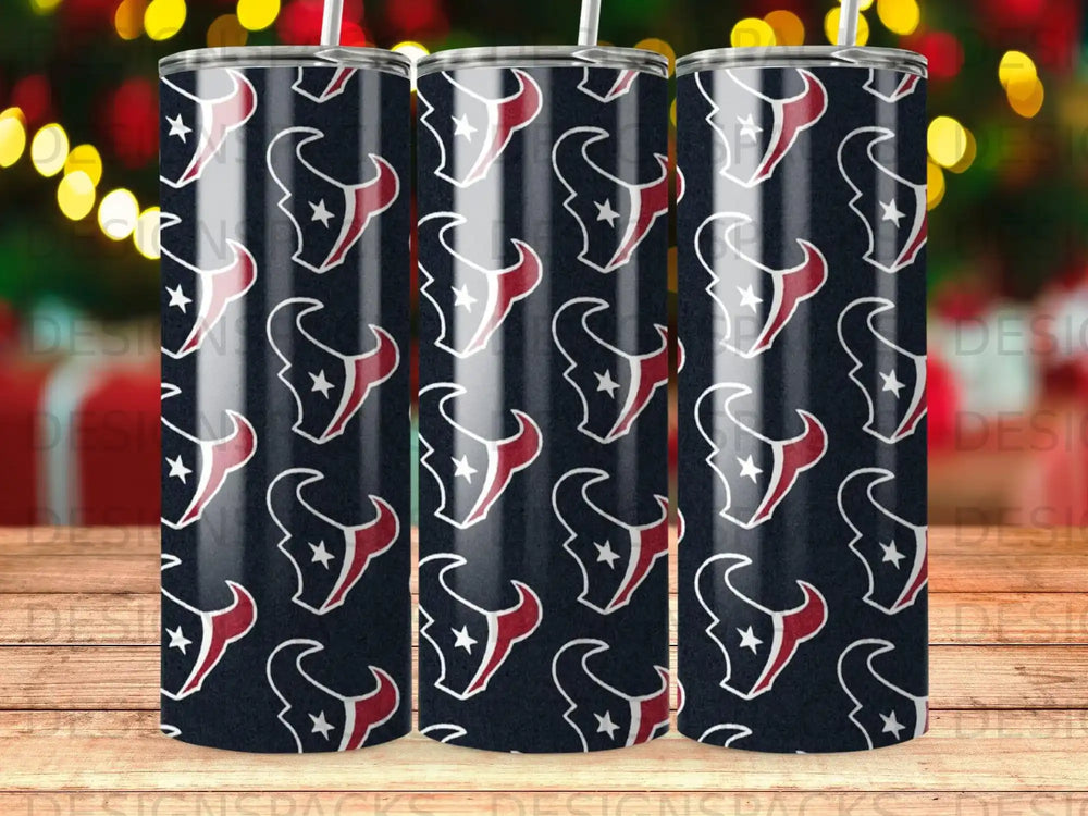 Houston Texans logo pattern on a dark blue tumbler with festive bokeh background.