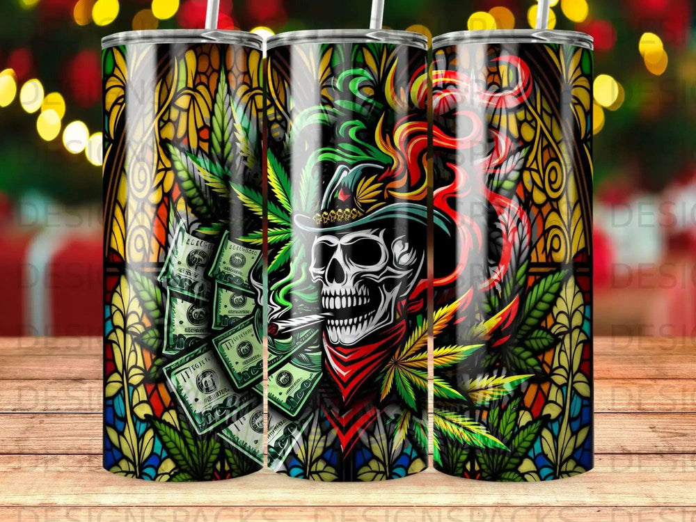 Skull with cowboy hat smoking, surrounded by marijuana leaves and US dollar bills.