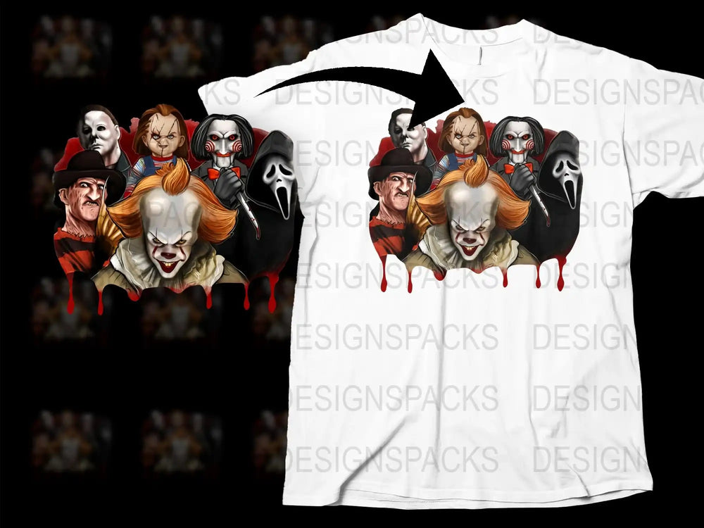 Horror Movie Villains T-Shirt, Scary Clown and Mask Graphic Tee, Unique Halloween Costume Idea