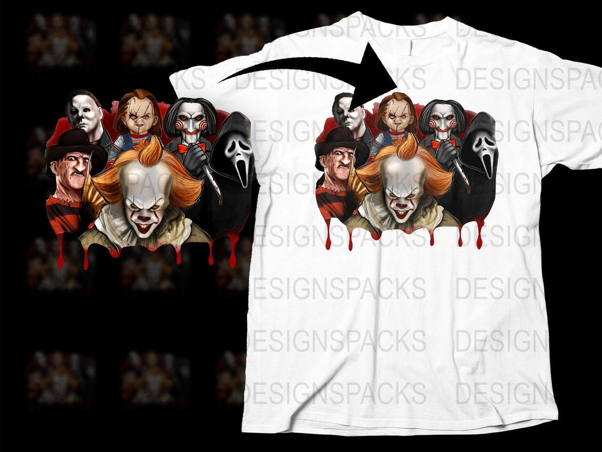 Horror Movie Villains T-Shirt, Scary Clown and Mask Graphic Tee, Unique Halloween Costume Idea