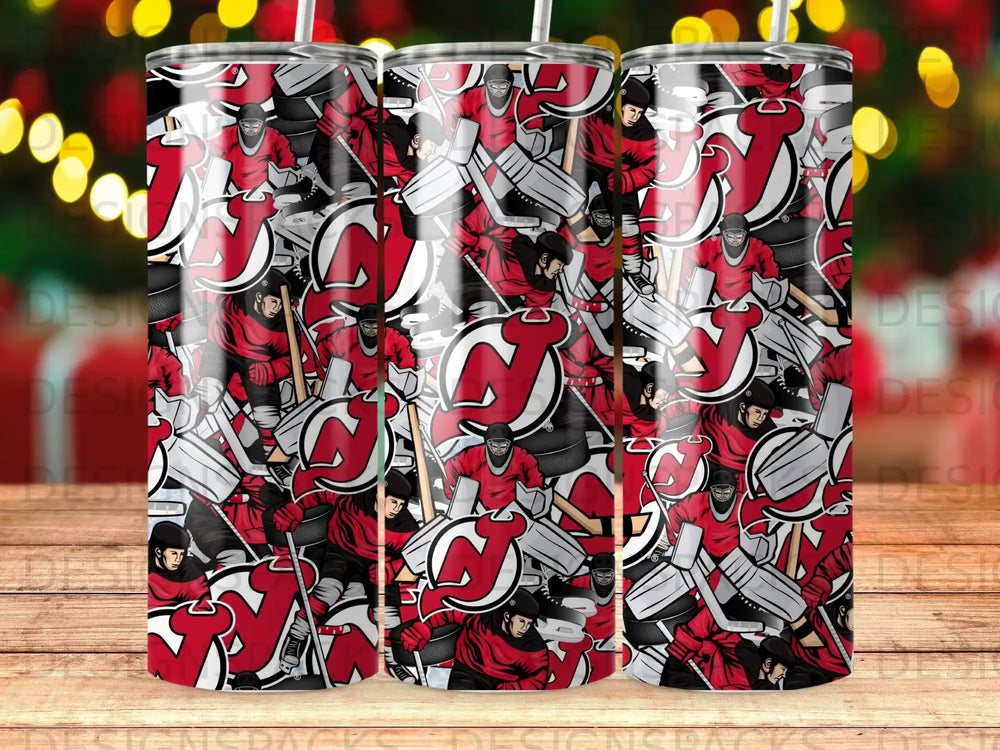 Red and white hockey player pattern on a tumbler.