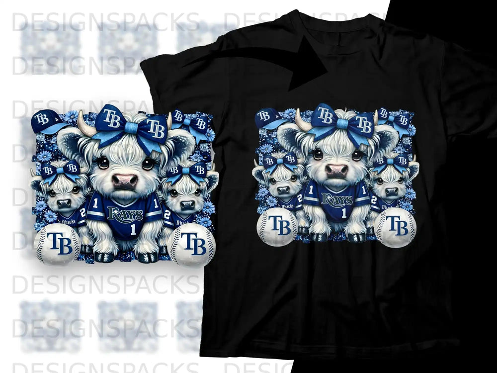 Fluffy white cows wearing blue bows and Tampa Bay Rays baseball shirts.