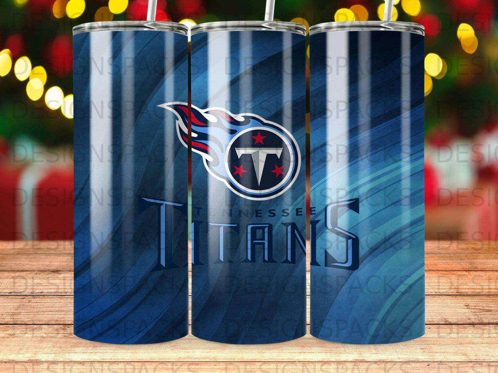 Tennessee Titans logo on a blue tumbler with a marbled background.