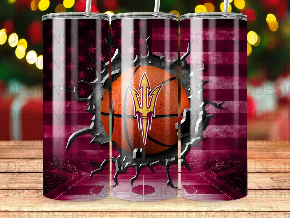Basketball with ASU logo breaking through a cracked American flag.