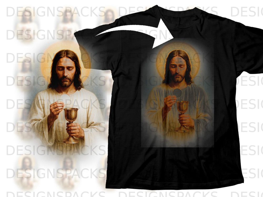 Black t-shirt featuring artwork of Jesus holding a communion wafer and chalice.