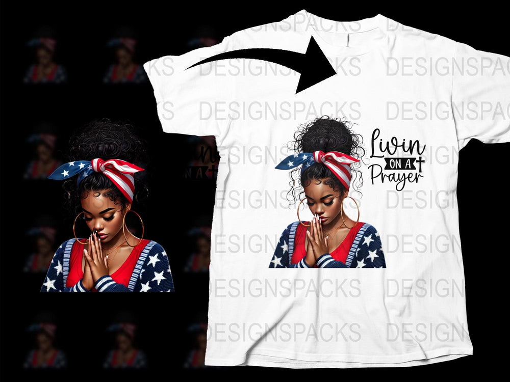 Patriotic Prayer Woman T-Shirt, American Flag Headband, Inspirational Graphic Tee, Stylish Summer Fashion Top, Unique Gift Idea.