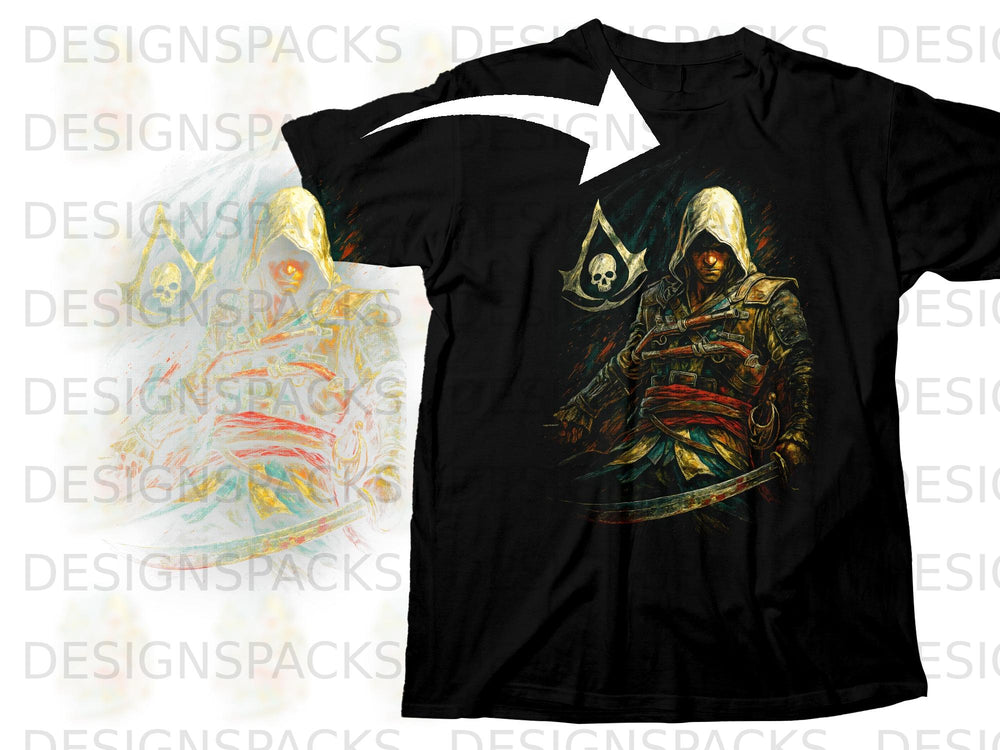 Black t-shirt with pirate skull and crossed swords design.