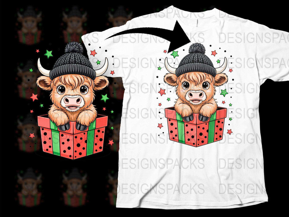 Cute Christmas Cow T-Shirt, Festive Holiday Cow in Gift Box Design, Soft Cotton Tee, Kids and Adults Sizes Available