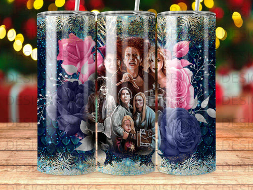 Hocus Pocus characters with pink and blue roses, glitter, and snowflakes.