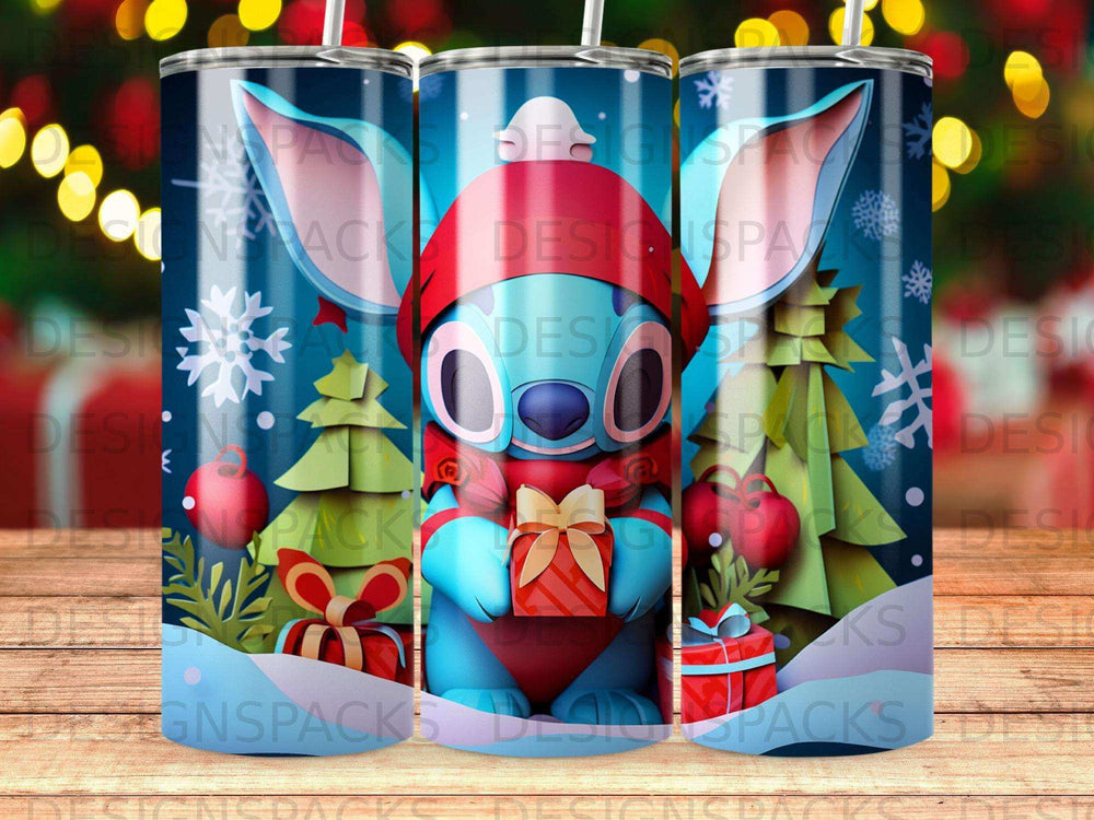 Stitch character wearing a red hat and scarf holding a gift, surrounded by presents and trees.