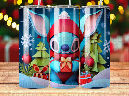 Stitch character wearing a red hat and scarf holding a gift, surrounded by presents and trees.