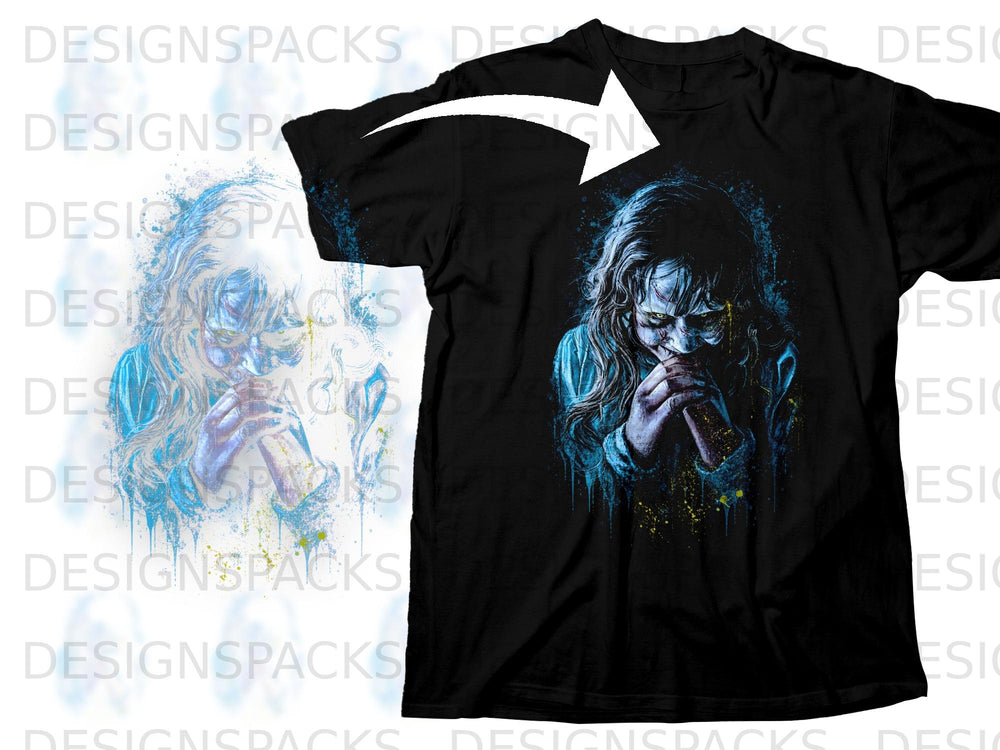 Black t-shirt with a graphic of a distressed, demonic face with yellow eyes.