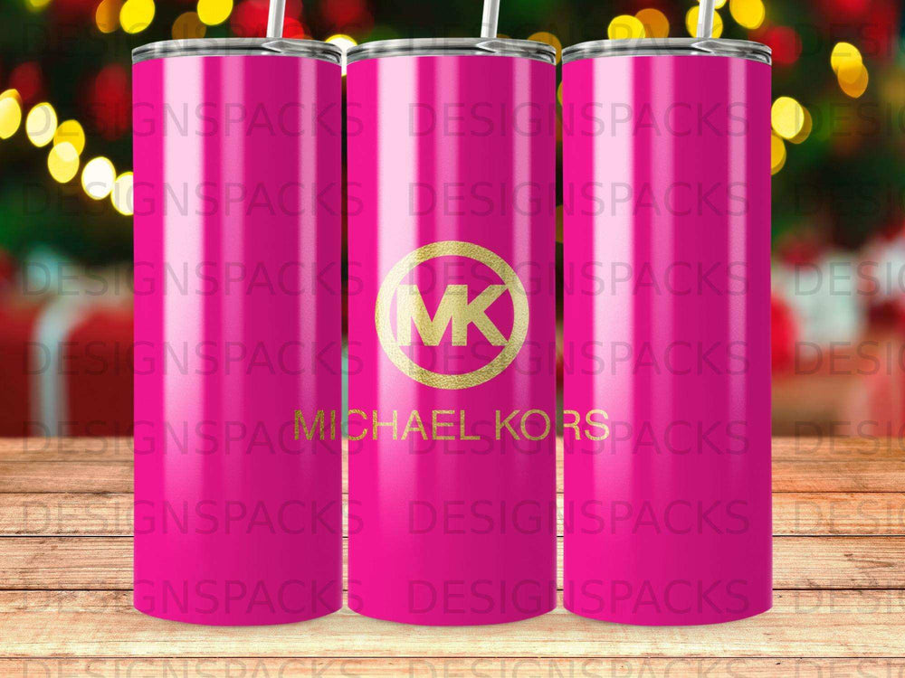 Three pink Michael Kors tumblers with repeating logo pattern.