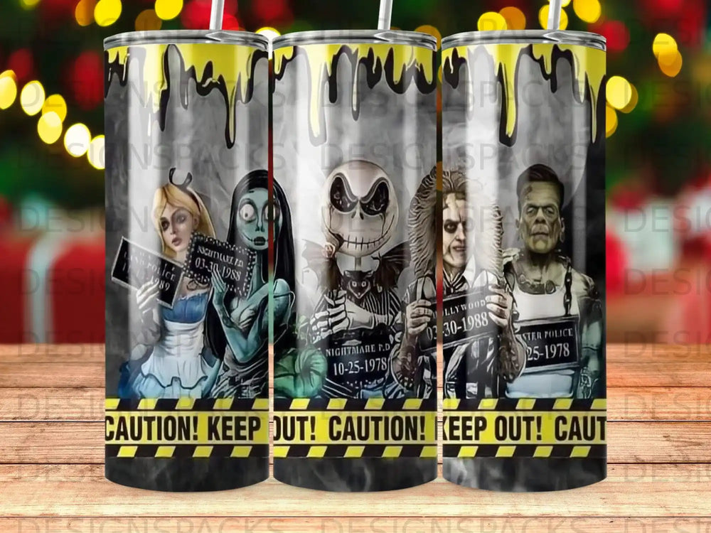 Tumbler with Halloween characters, caution tape, and police badge designs.
