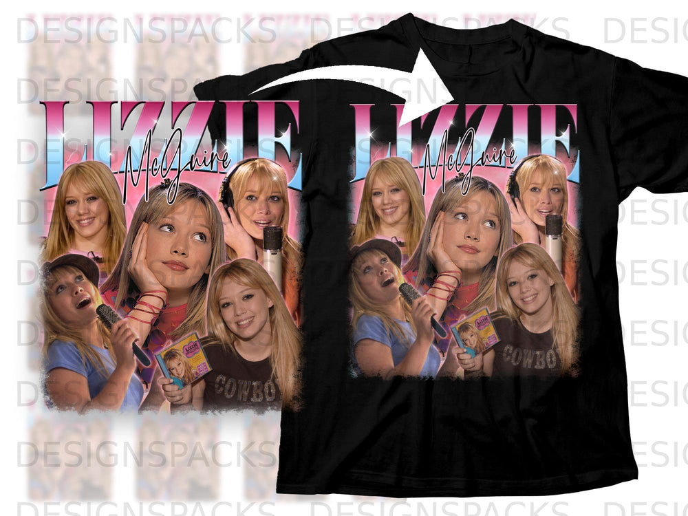 Lizzie McGuire graphic t-shirt with multiple images of Hilary Duff and text.