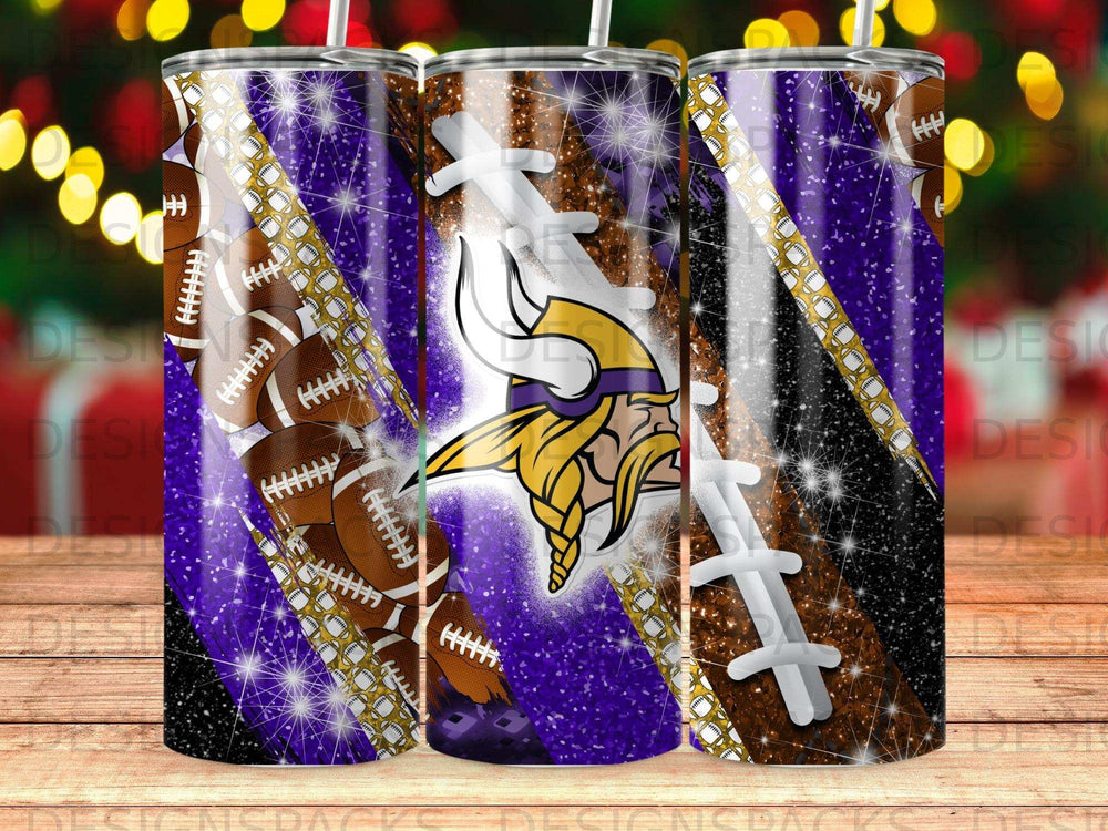 Purple, glitter, and football pattern with Minnesota Vikings logo on a tumbler.
