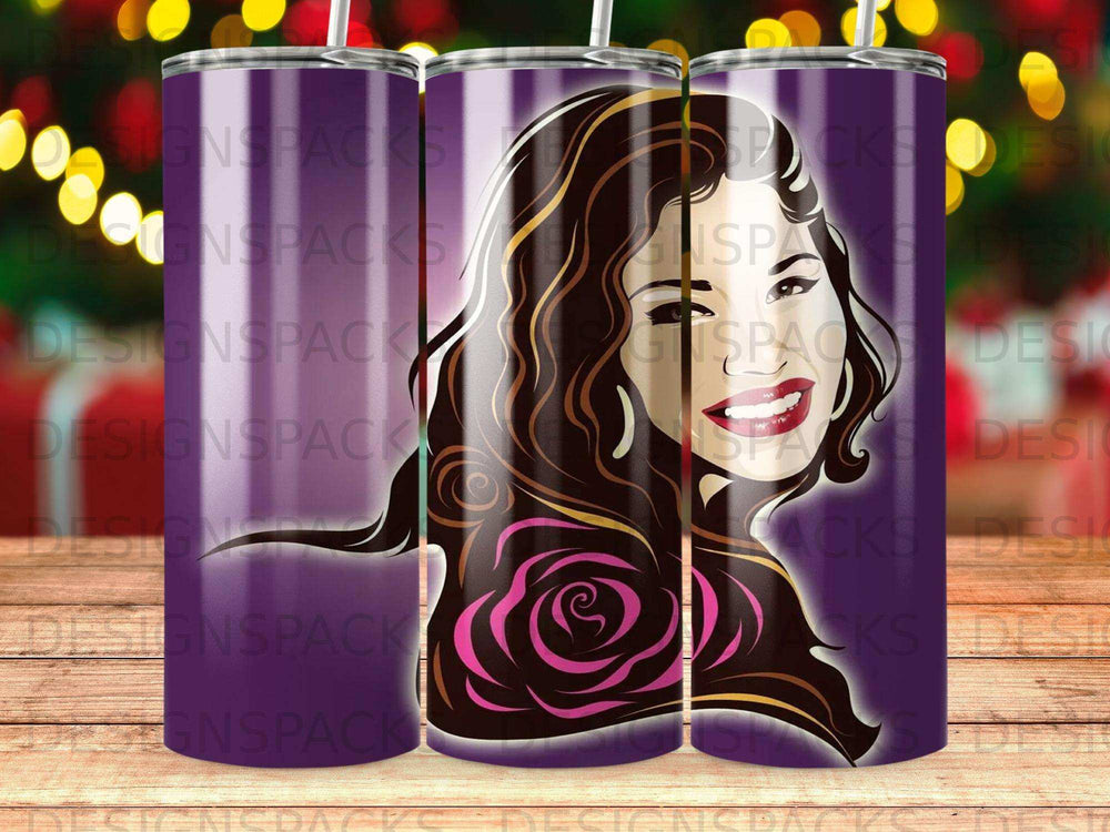 Tumbler with Selena Quintanilla graphic and floral accents.