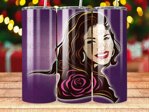 Tumbler with Selena Quintanilla graphic and floral accents.