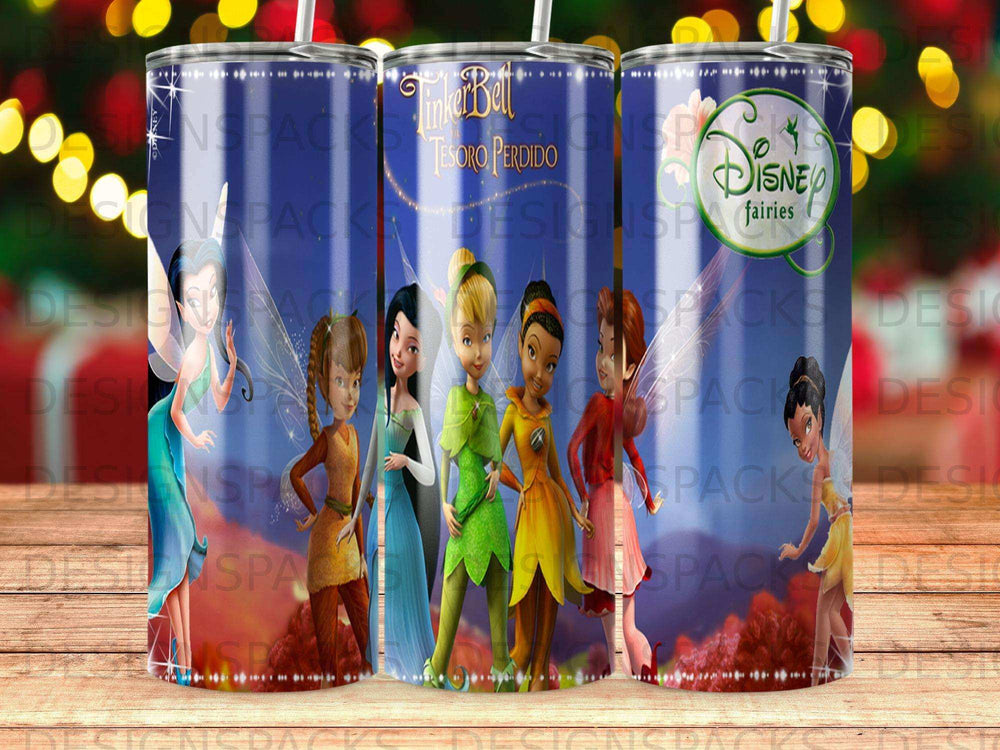 Tinkerbell and Disney Fairies characters on a tumbler design.