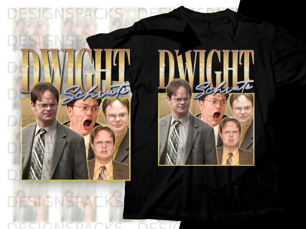 Dwight Schrute collage with "DWIGHT" text on a black t-shirt.