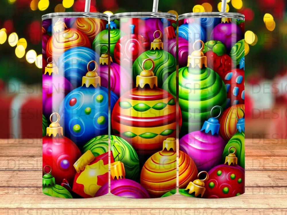 Vibrant, colorful Christmas ornaments fill the frame, some with metallic finishes.