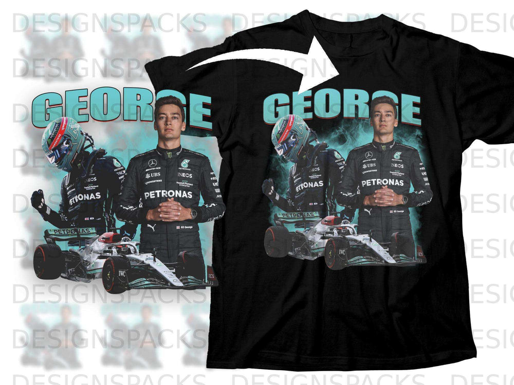 Black t-shirt featuring George Russell in a Mercedes-AMG Formula 1 car.