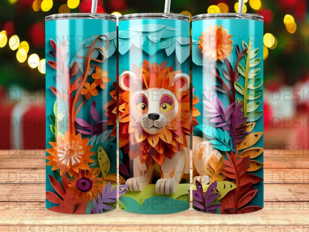 Lion face with colorful jungle foliage, standing on a blue striped tumbler.