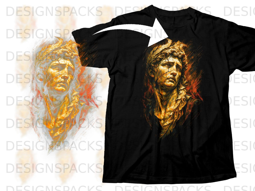 Black t-shirt with a cracked golden statue head wearing a laurel wreath.
