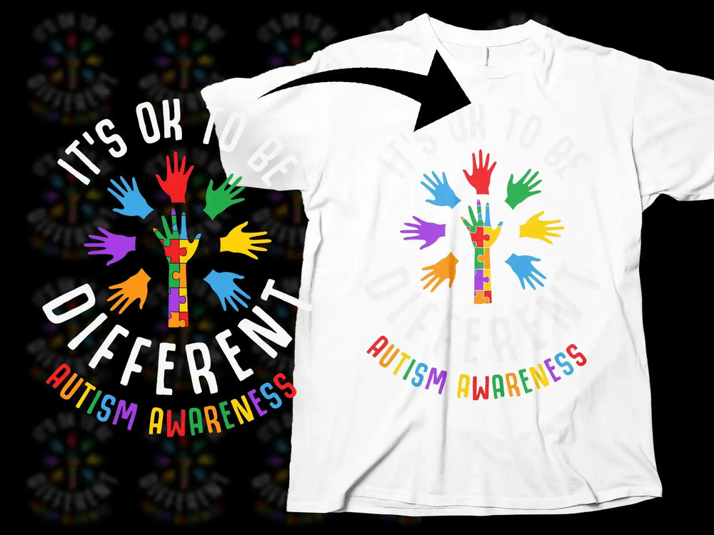 Autism Awareness T-Shirt, Colorful Hands Graphic, It's OK to Be Different, Unisex Tee