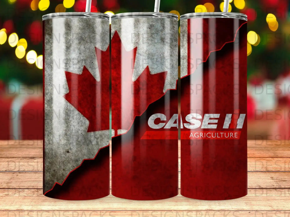 Red tumbler with white Case IH Agriculture logo and maple leaf graphic.