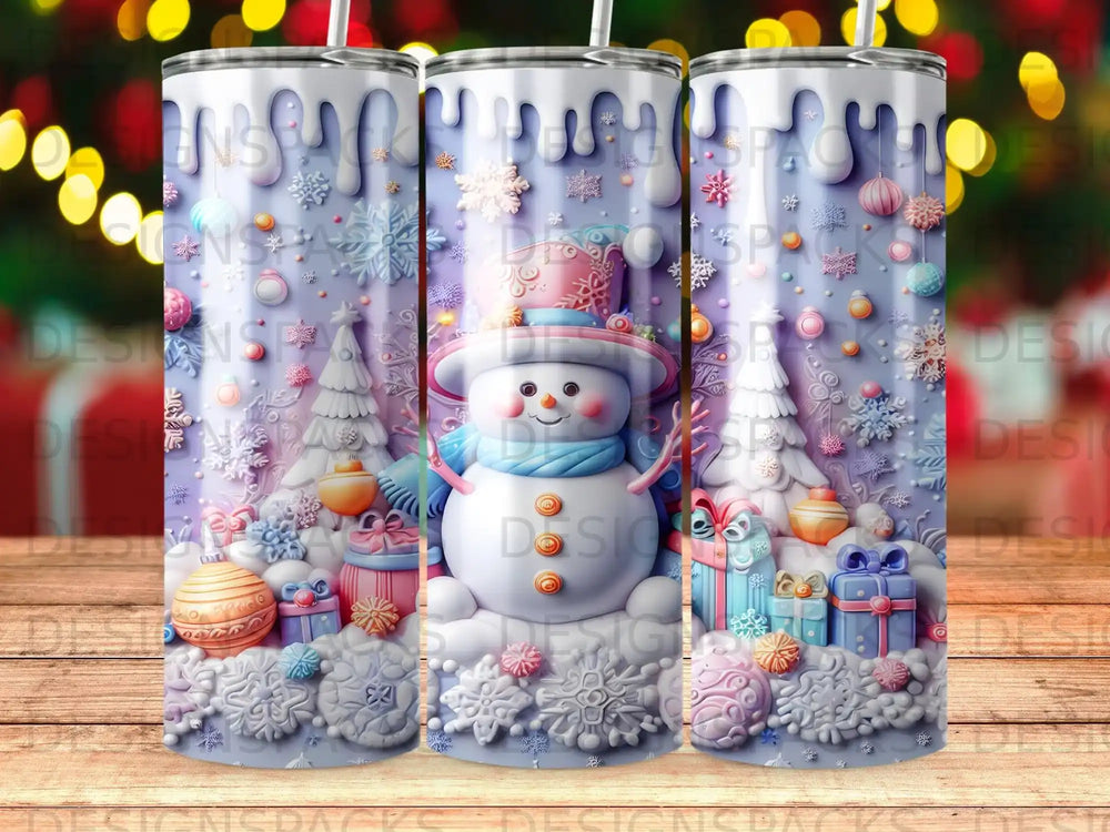 Festive snowman with gifts and snowflakes on a patterned tumbler.