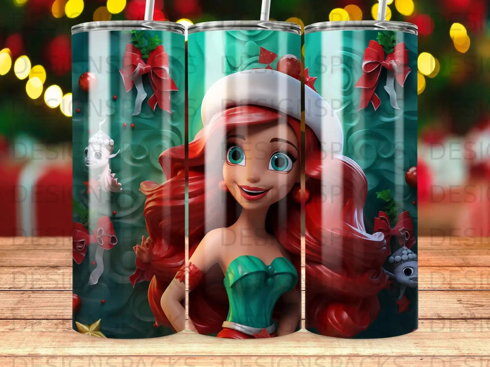 Ariel from The Little Mermaid in a Christmas-themed tumbler design.