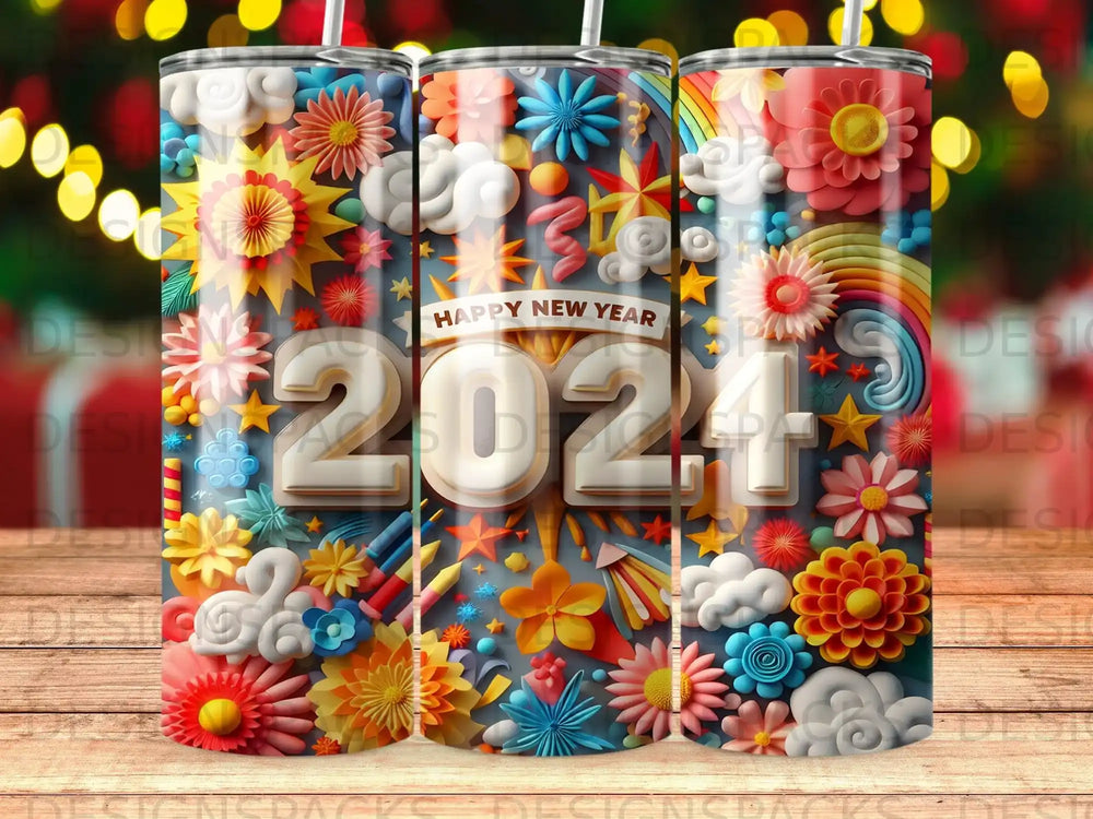 Three tumblers with a colorful "Happy New Year 2024" design and floral motifs.