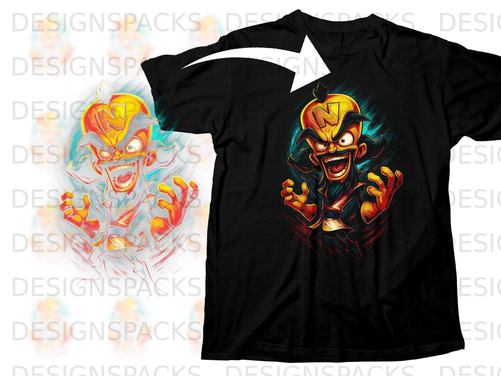 Black t-shirt featuring the character Dr. Neo Cortex with a bright yellow head and red accents.