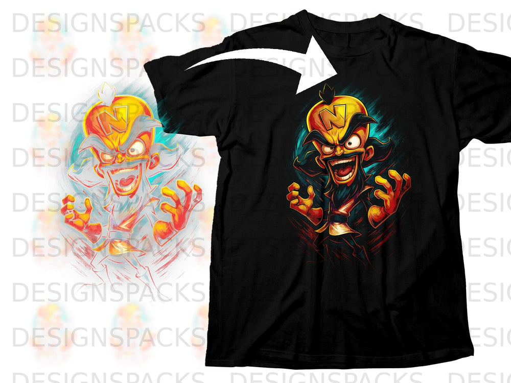 Black t-shirt featuring the character Dr. Neo Cortex with a bright yellow head and red accents.