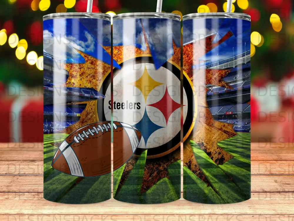 Steelers football helmet and stadium background on a tumbler.
