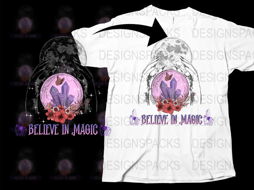 Believe in Magic Floral Crystal Ball T-Shirt, Mystical Moon Phase Tee, Witchy Clothing, Graphic Shirt for Women and Men