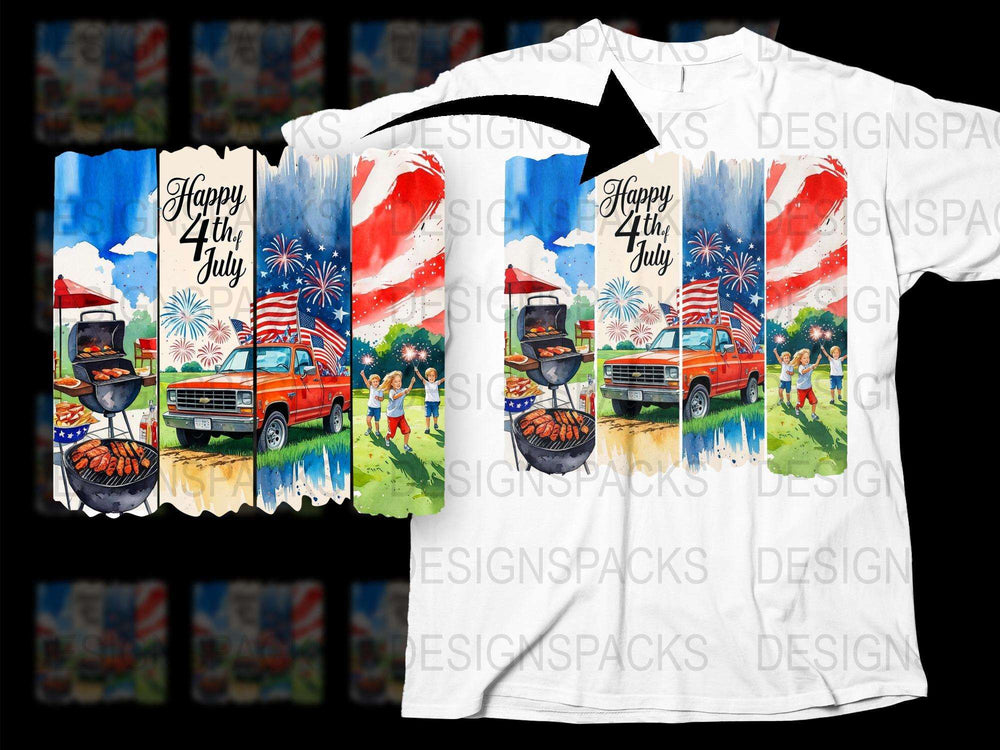 Patriotic 4th of July T-Shirt with Vintage Truck and Fireworks Graphics, American Flag Design Tee for Independence Day Celebrations