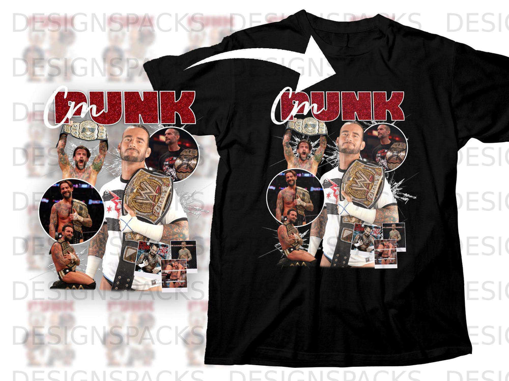 CM Punk wrestling shirt featuring action shots and championship belt graphics.