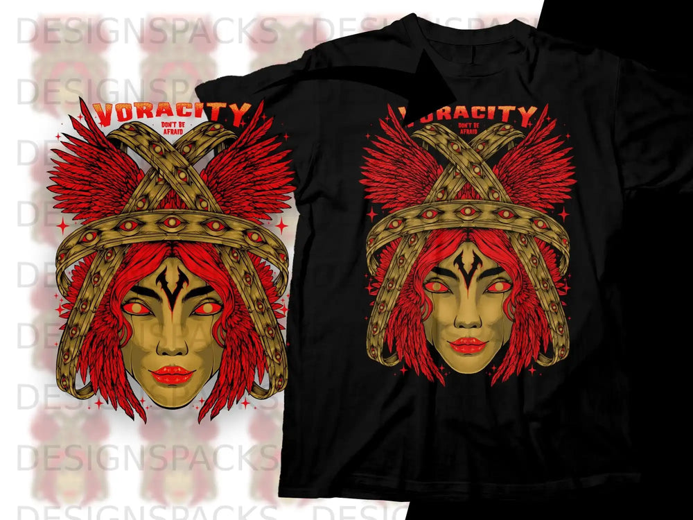 T-shirt featuring a red-winged warrior with golden crown and "Voracity" text.