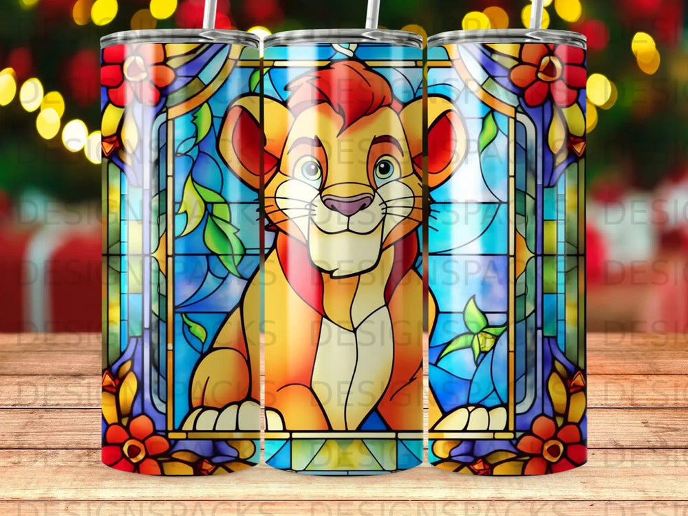 Stained glass lion king Simba with floral accents on a tumbler.