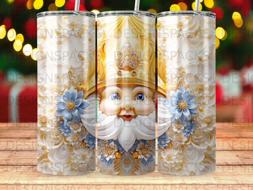 Santa Claus with blue flowers and golden crown on a patterned tumbler.