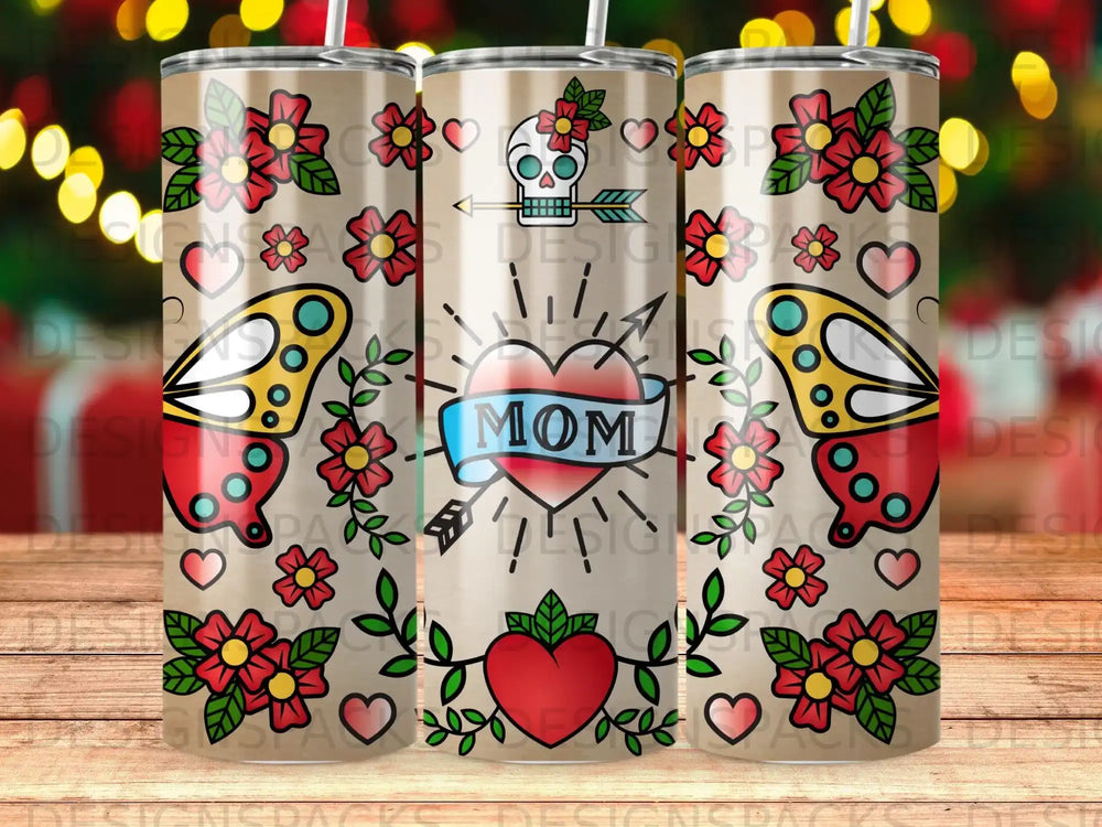 Tumbler wrap with colorful flowers, skulls, and the word "MOM" in a heart.