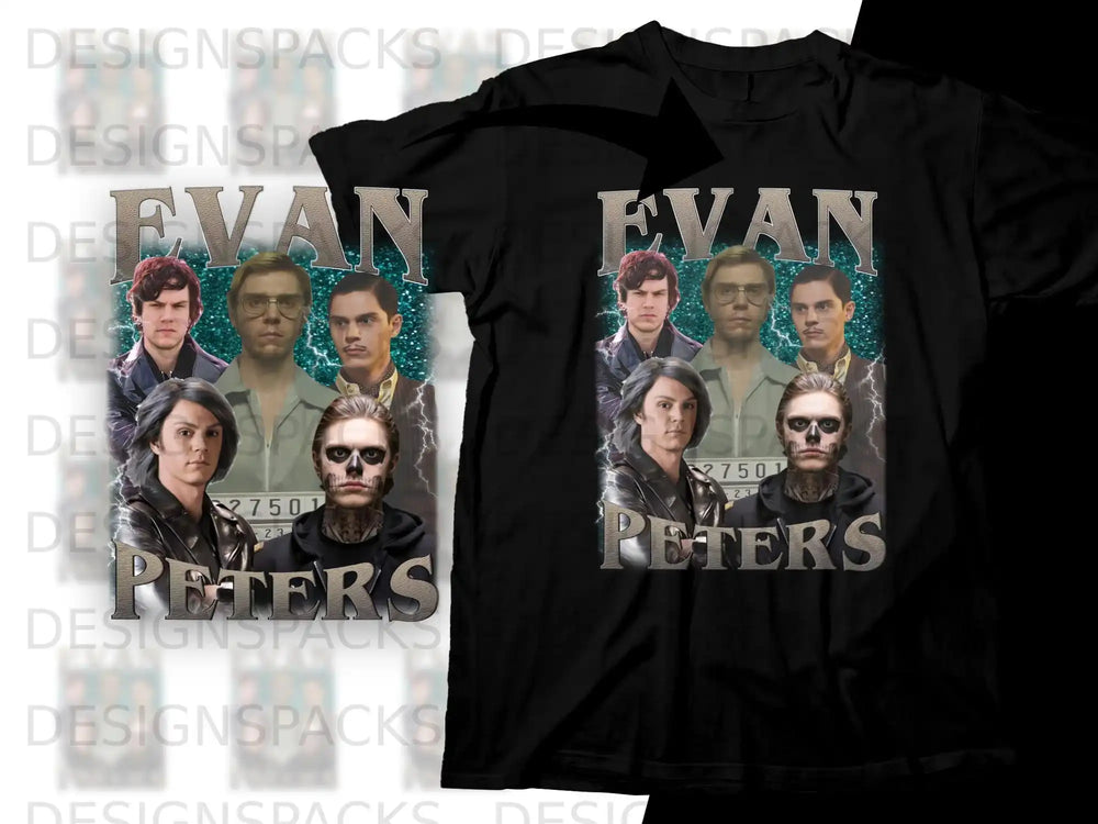 Evan Peters with "PETERS" text, two different views on black t-shirts.