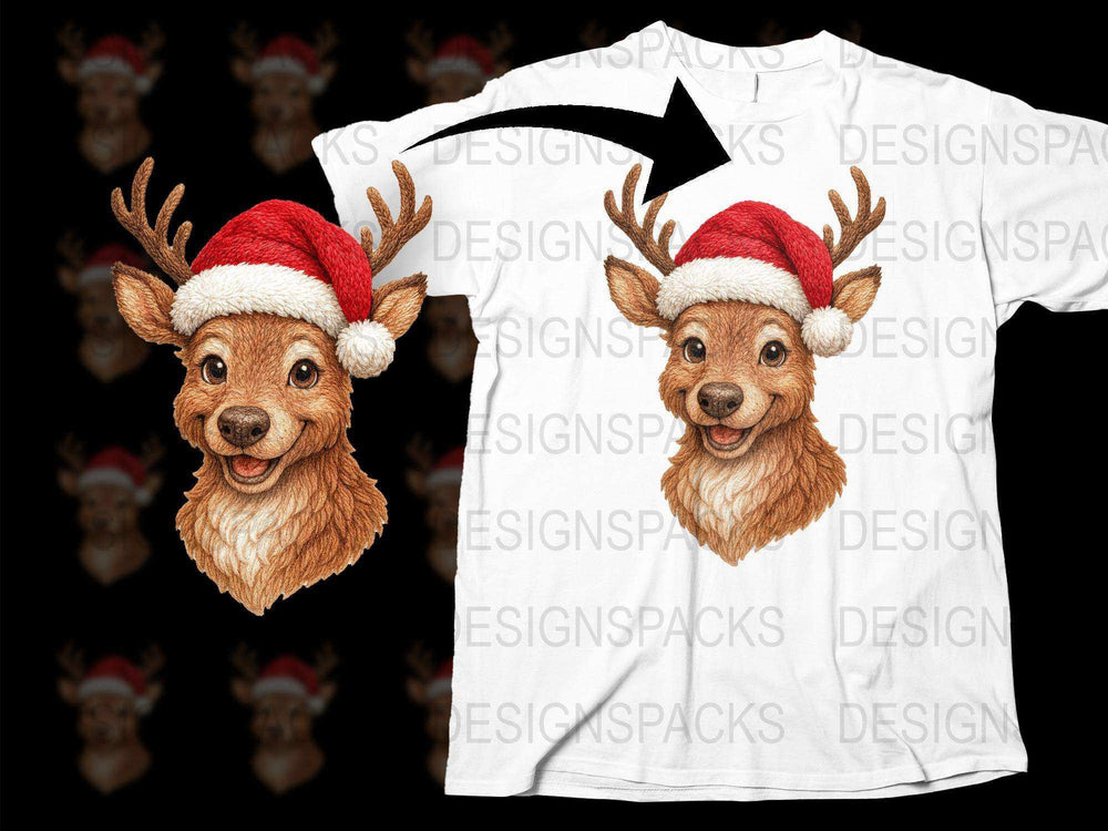 Festive Reindeer Christmas T-Shirt with Santa Hat, Holiday Graphic Tee, Cute Winter Apparel for All Ages