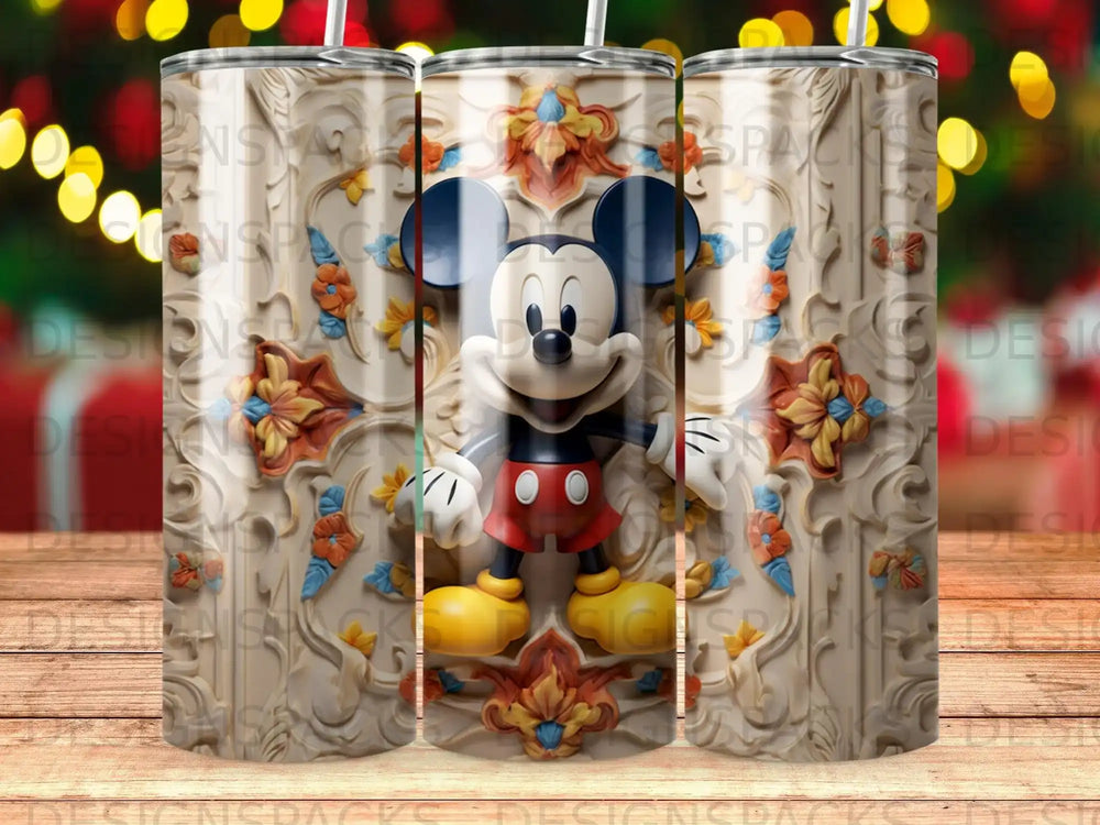 Mickey Mouse in ornate floral relief on a textured tumbler.